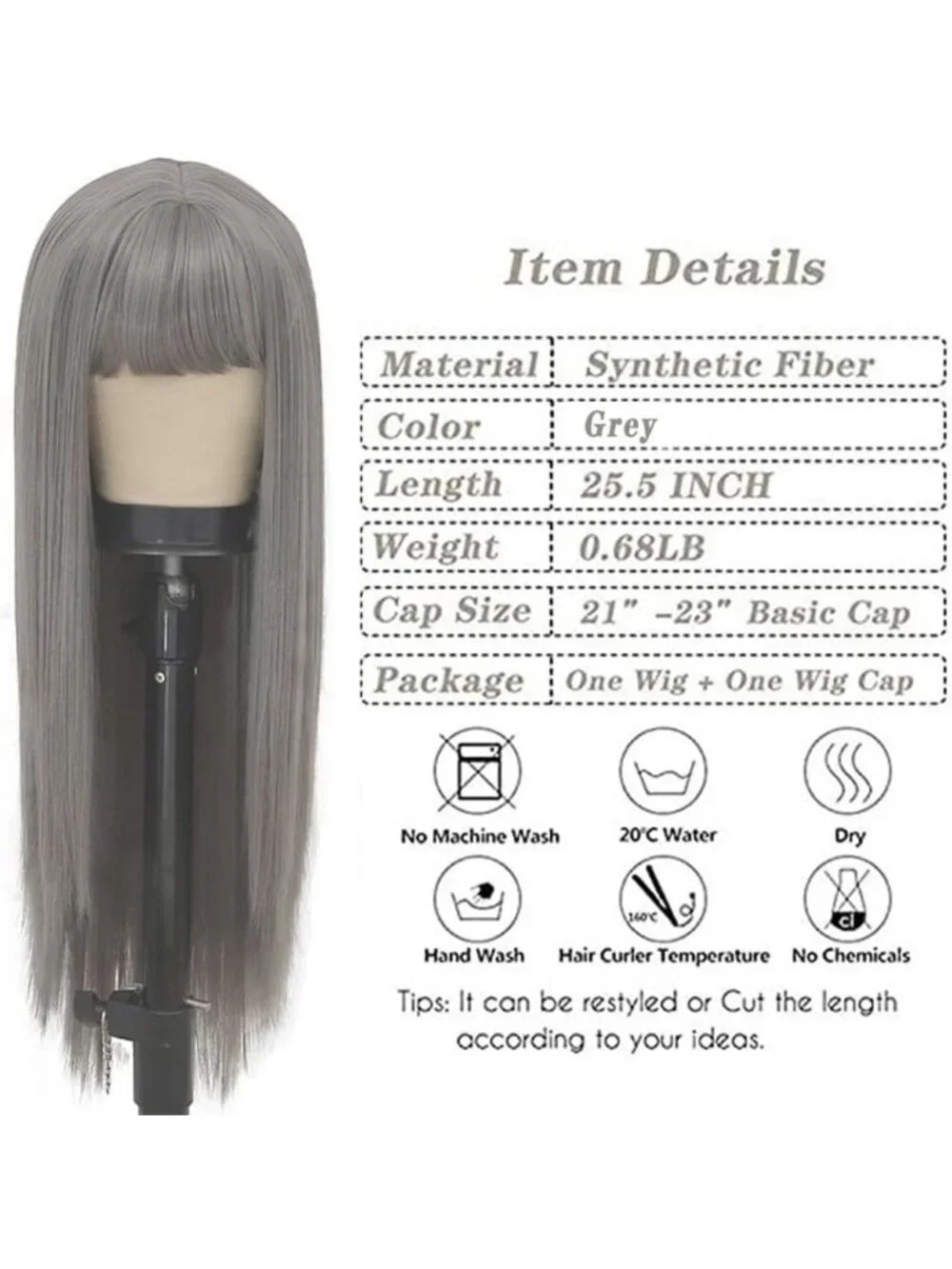 Stylish Grey Long Wig with Bangs - Straight Synthetic Heat-Resistant Hair for